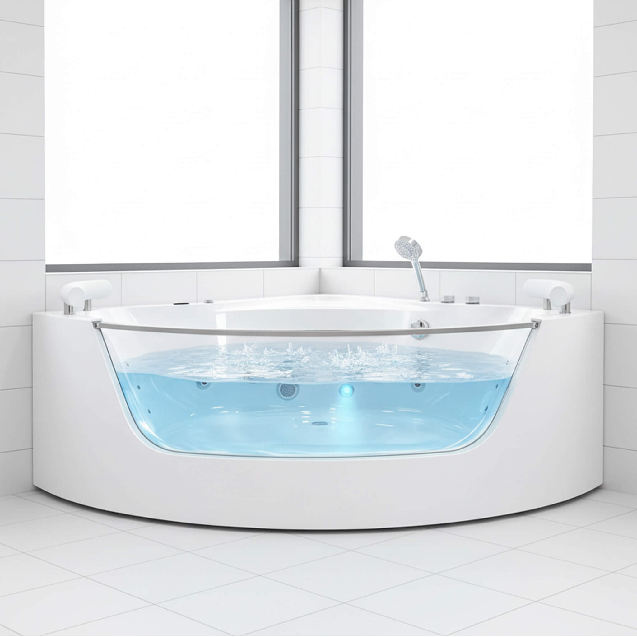 Nuvia Serenity 59-Inch 2-Person Acrylic Corner Whirlpool 16-Jet Hydro Massage Bathtub With Heater Rainbow Light (SAK12058) – 