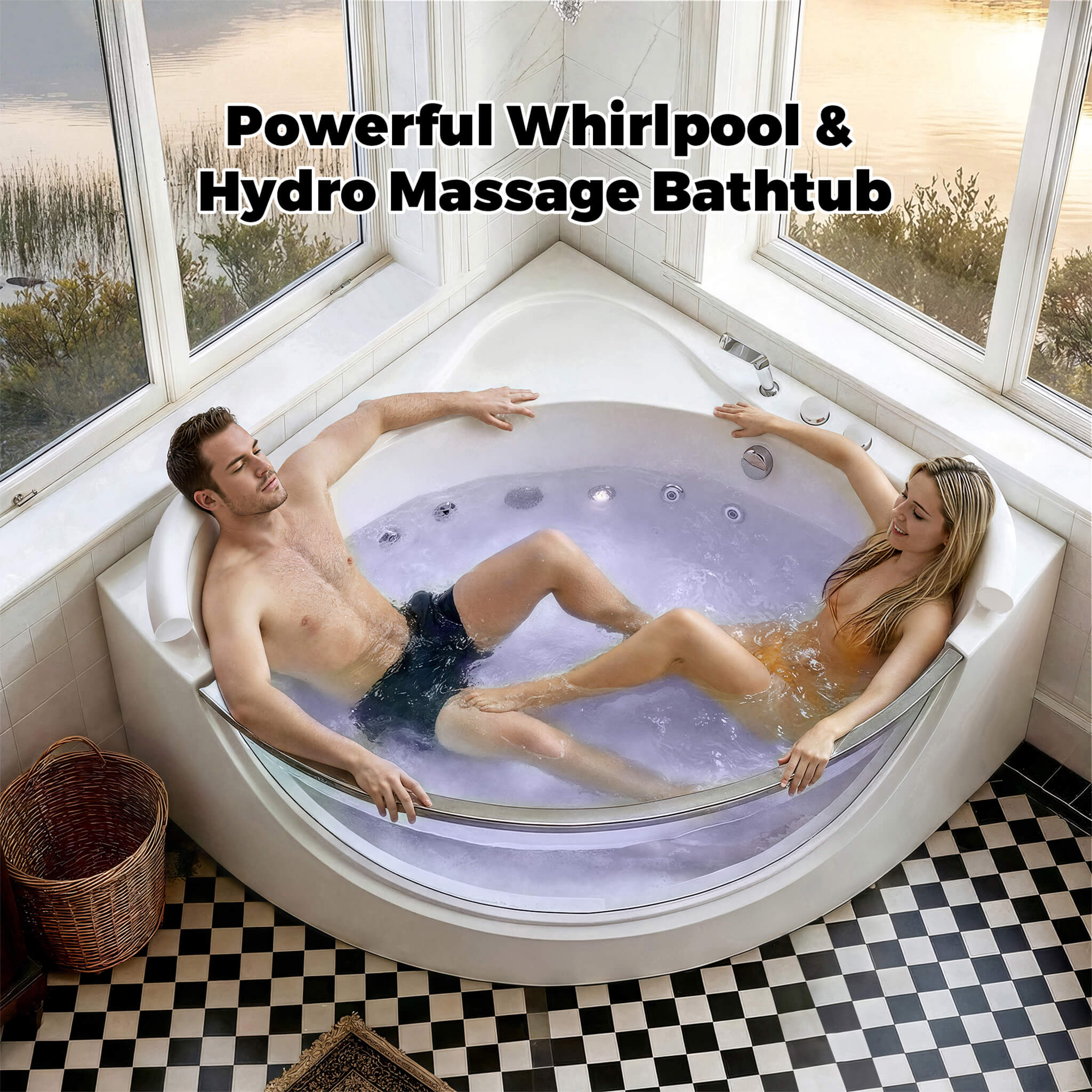 Nuvia Serenity 59-Inch 2-Person Acrylic Corner Whirlpool 16-Jet Hydro Massage Bathtub With Heater Rainbow Light (SAK12058) – 