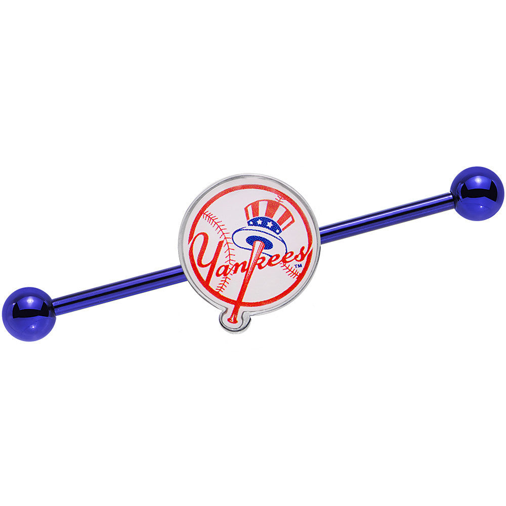 BodyCandy Licensed MLB Blue Anodized New York Yankees Industrial Barbell 38mm — main product shot