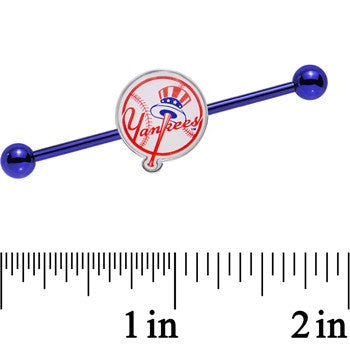 BodyCandy Licensed MLB Blue Anodized New York Yankees Industrial Barbell 38mm — detail close-up