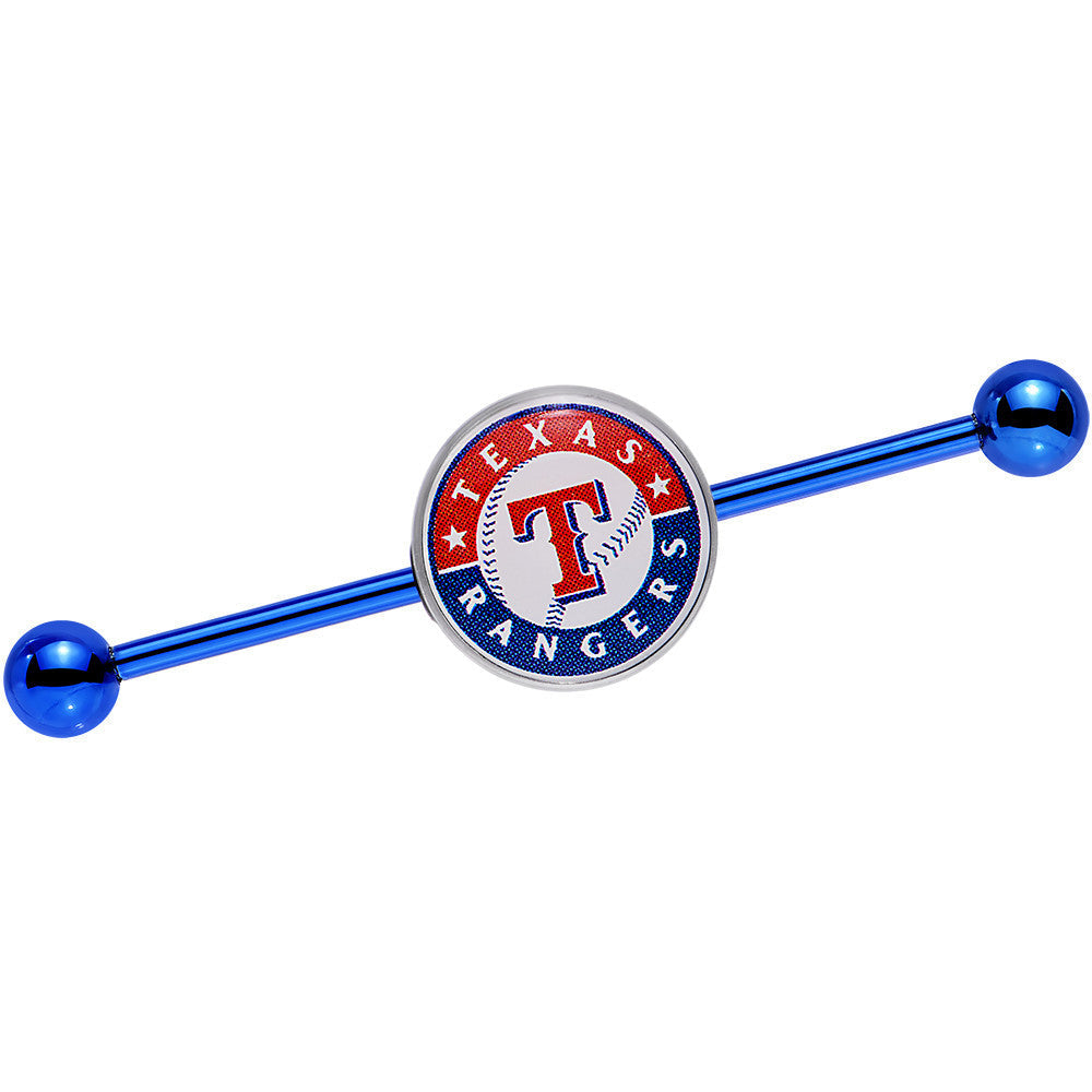 BodyCandy Licensed MLB Blue Anodized Texas Rangers Industrial Barbell 38mm — main product shot