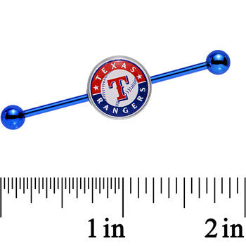 BodyCandy Licensed MLB Blue Anodized Texas Rangers Industrial Barbell 38mm — detail close-up