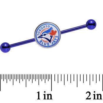 BodyCandy Licensed MLB Blue Anodized Toronto Blue Jays Industrial Barbell 38mm — detail close-up