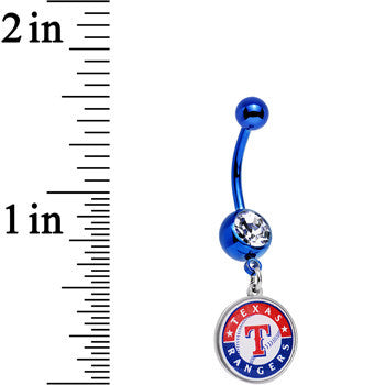 BodyCandy Licensed MLB Clear Gem Blue Anodized Texas Rangers Dangle Belly Ring — detail close-up