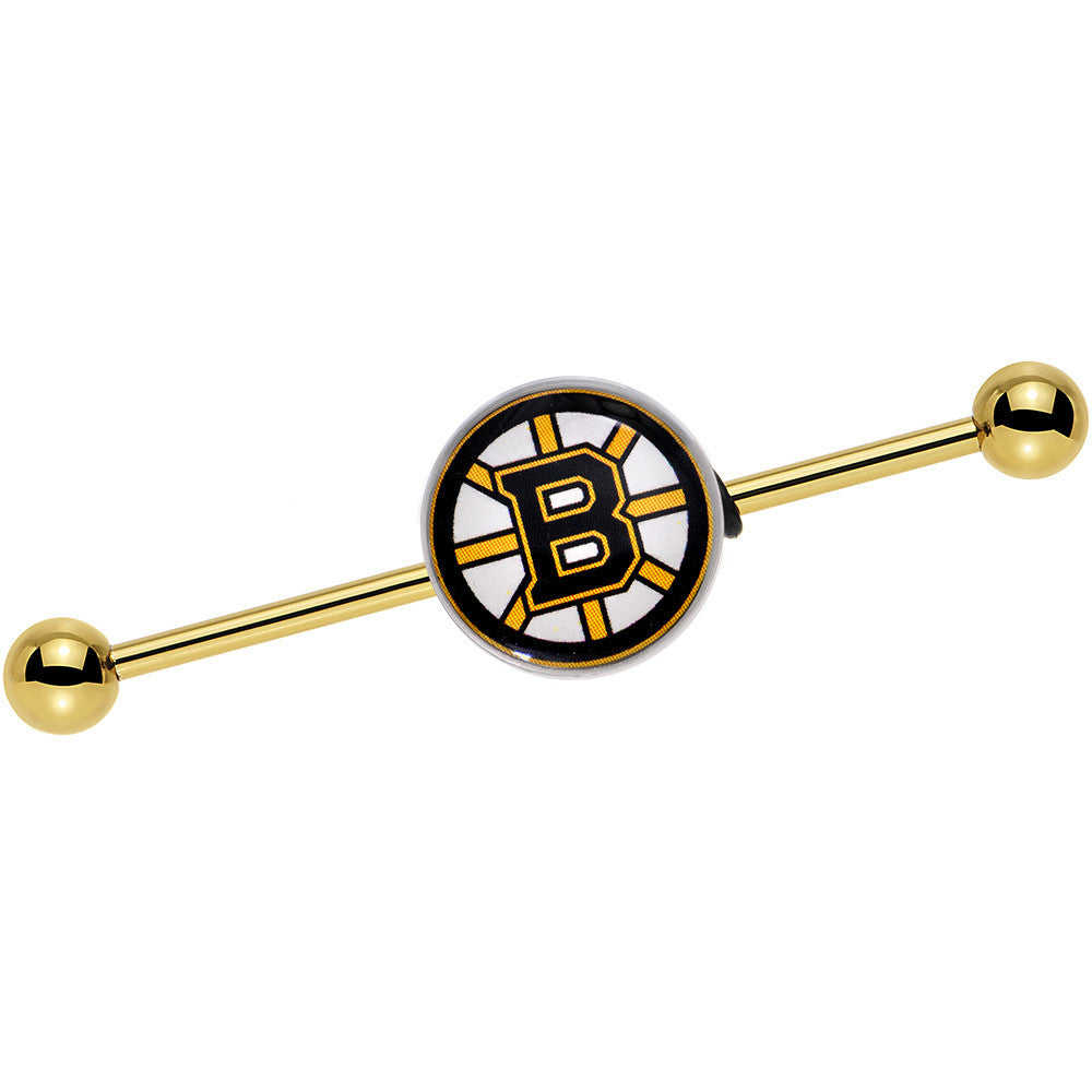 BodyCandy Licensed NHL Gold Anodized Boston Bruins Industrial Barbell 38mm — main product shot