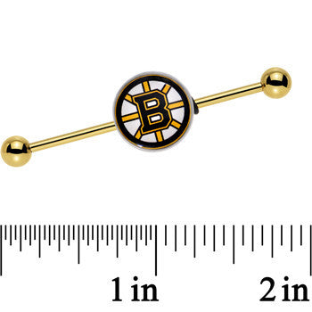 BodyCandy Licensed NHL Gold Anodized Boston Bruins Industrial Barbell 38mm — detail close-up
