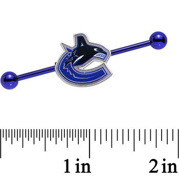 BodyCandy Licensed NHL Blue Anodized Vancouver Canucks Industrial Barbell 38mm — detail close-up