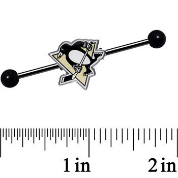 BodyCandy Licensed NHL Black Pittsburgh Penguins Industrial Barbell 38mm — detail close-up