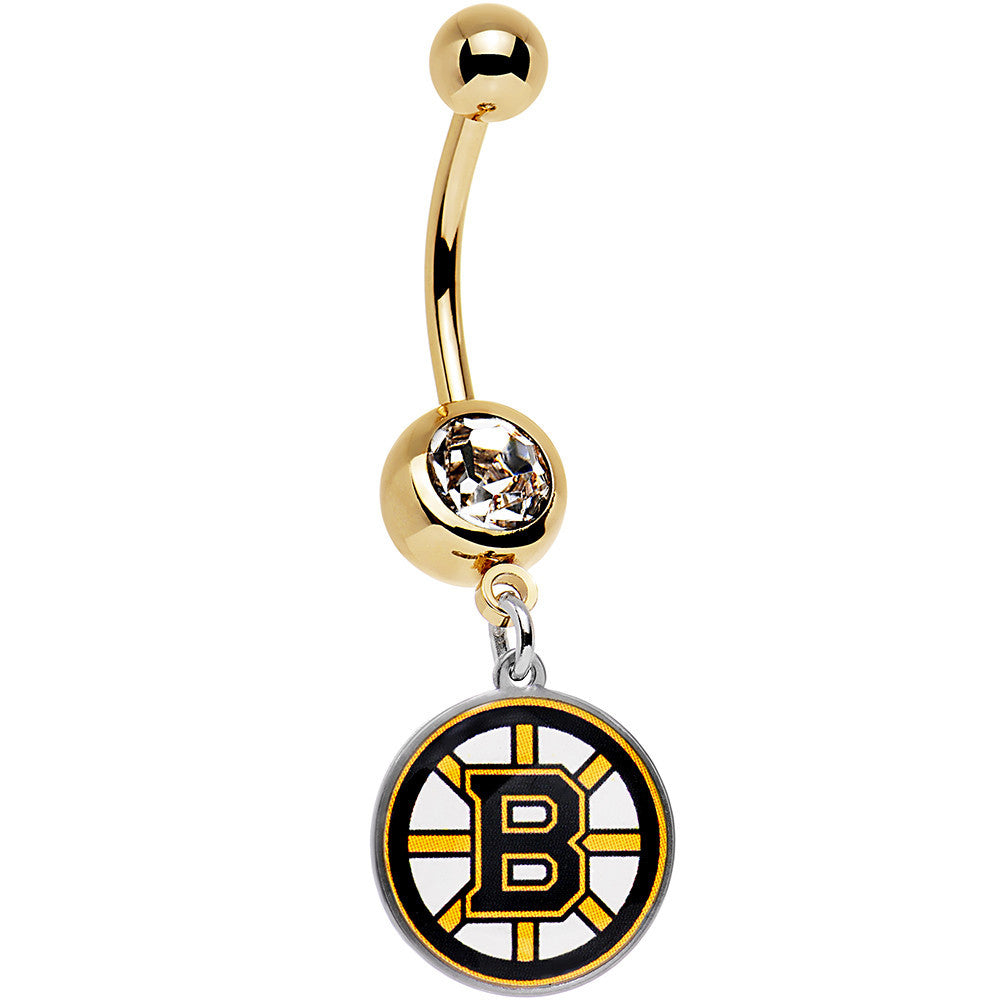 BodyCandy Licensed NHL Clear Gem Gold Anodized Boston Bruins Dangle Belly Ring — main product shot