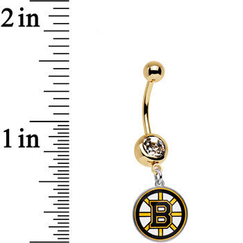 BodyCandy Licensed NHL Clear Gem Gold Anodized Boston Bruins Dangle Belly Ring — detail close-up