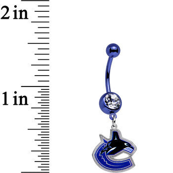 BodyCandy Licensed NHL Clear Gem Blue Anodized Vancouver Canucks Belly Ring — detail close-up