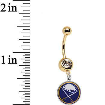 BodyCandy Licensed NHL Clear Gem Gold Anodized Buffalo Sabres Dangle Belly Ring — detail close-up