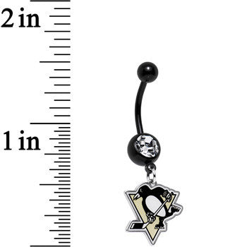 BodyCandy Licensed NHL Clear Gem Black Anodized Pittsburgh Penguins Belly Ring — detail close-up