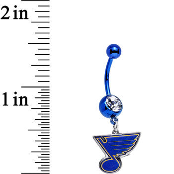 BodyCandy Licensed NHL Clear Gem Blue Anodized St Louis Blues Dangle Belly Ring — detail close-up