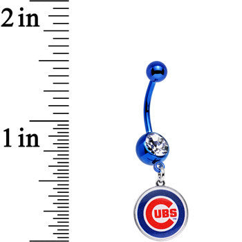 BodyCandy Licensed MLB Clear Gem Blue Anodized Chicago Cubs Dangle Belly Ring — detail close-up
