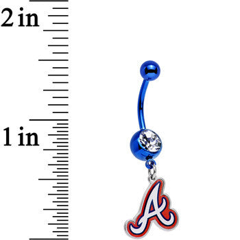 BodyCandy Licensed MLB Clear Gem Blue Anodized Atlanta Braves Dangle Belly Ring — detail close-up