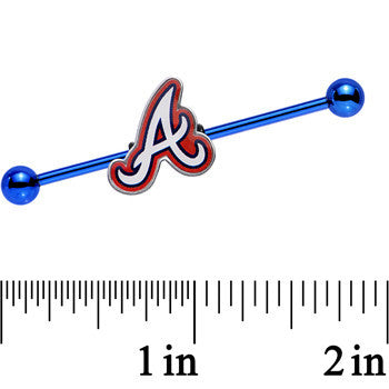 BodyCandy Licensed MLB Blue Anodized Atlanta Braves Industrial Barbell 38mm — detail close-up