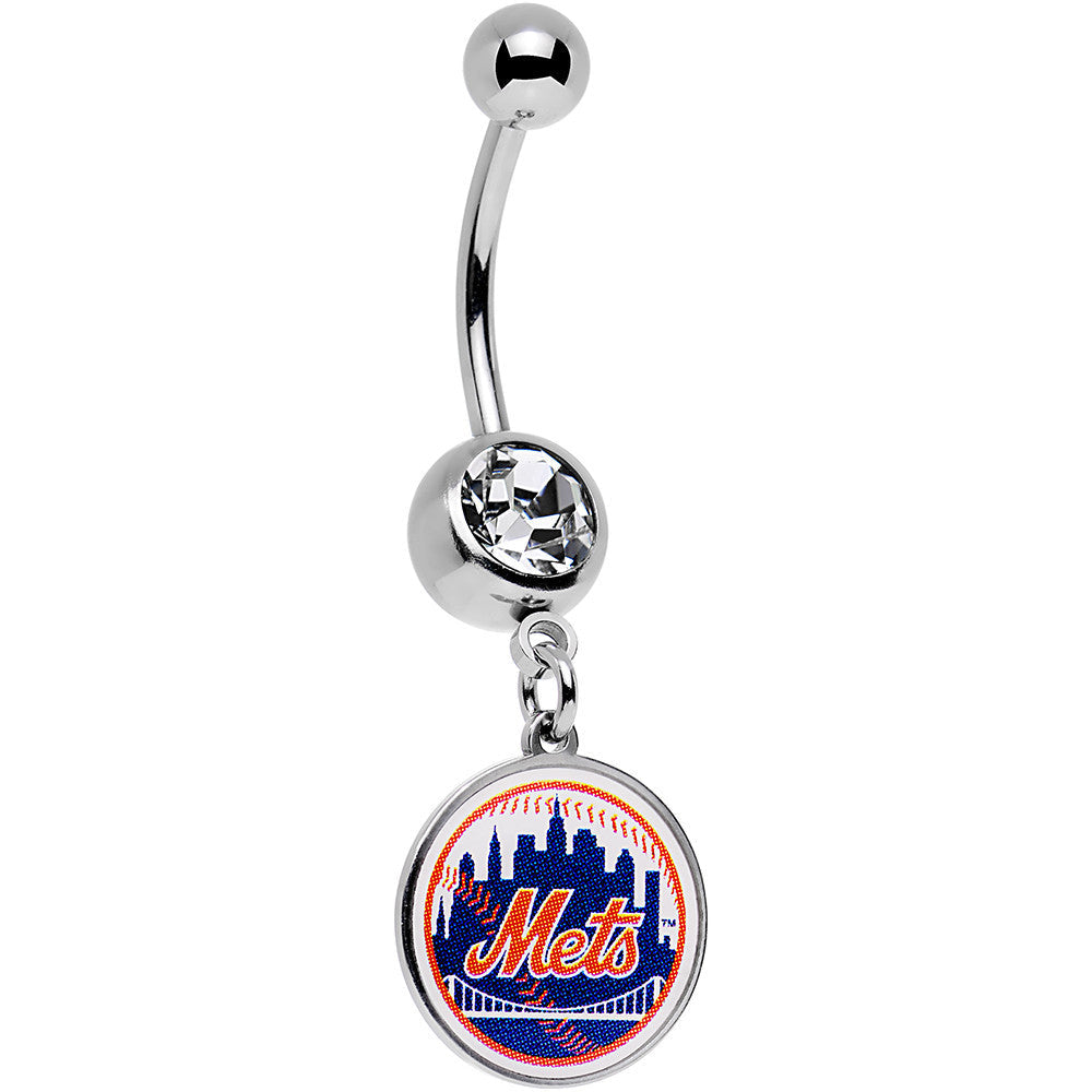 BodyCandy Licensed MLB Clear Gem Stainless Steel New York Mets Dangle Belly Ring — main product shot