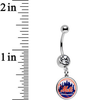 BodyCandy Licensed MLB Clear Gem Stainless Steel New York Mets Dangle Belly Ring — detail close-up