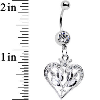 BodyCandy Clear Gem Framework Heart and Flower Dangle Belly Ring — detail close-up