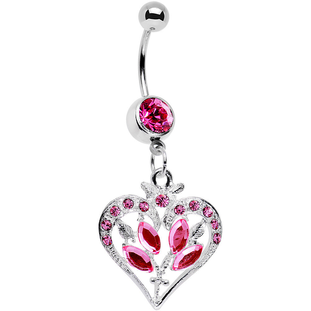 BodyCandy Pink Gem Framework Heart and Flower Dangle Belly Ring — main product shot