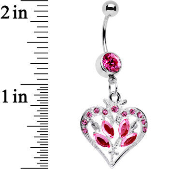 BodyCandy Pink Gem Framework Heart and Flower Dangle Belly Ring — detail close-up