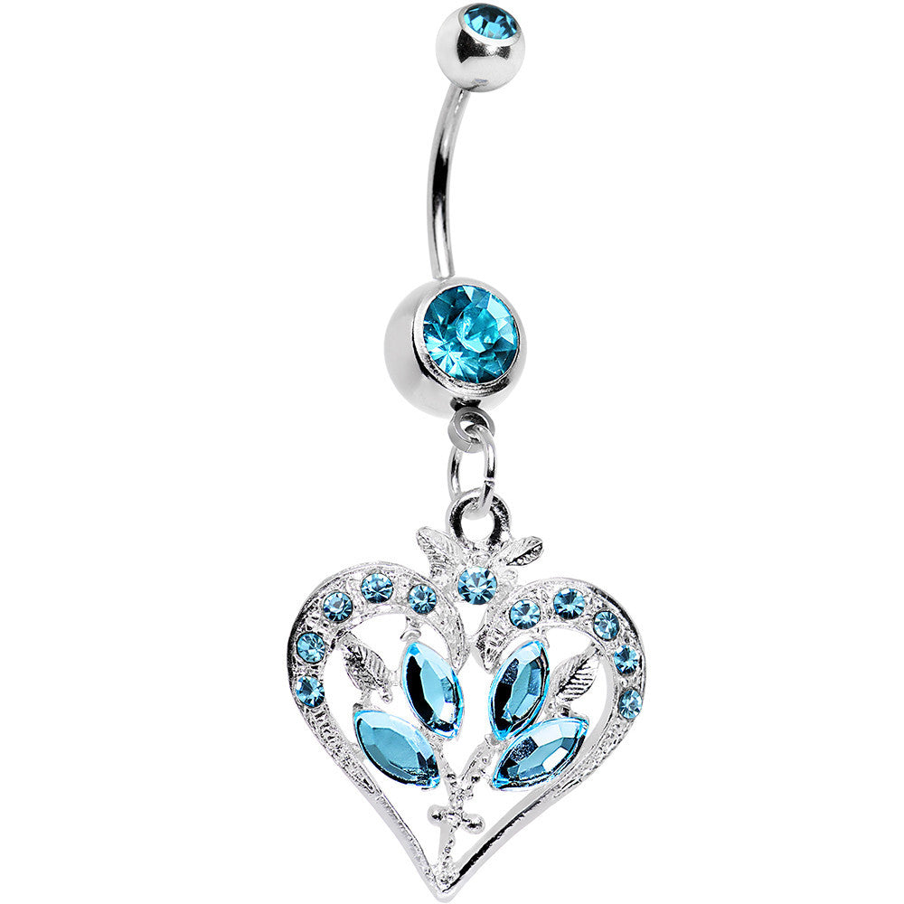 BodyCandy Aqua Gem Framework Heart and Flower Dangle Belly Ring — main product shot