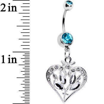 BodyCandy Aqua Gem Framework Heart and Flower Dangle Belly Ring — detail close-up