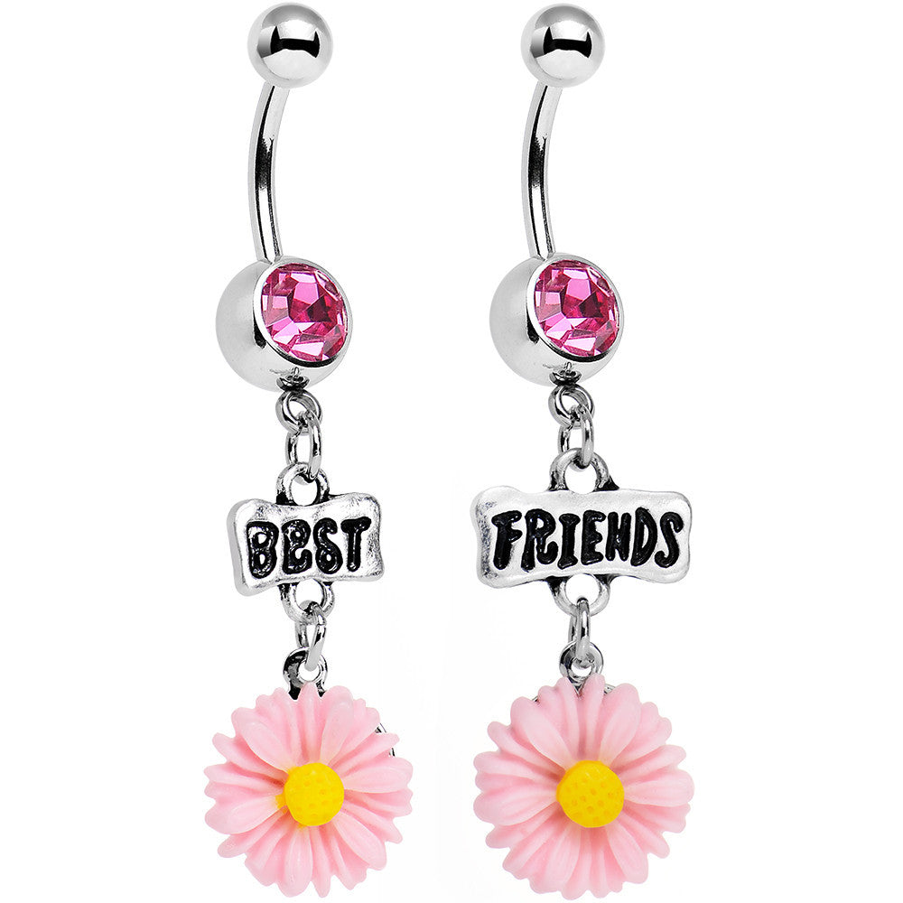 BodyCandy Pink Gem Best Friends Pink Flower Dangle Belly Ring Set — main product shot
