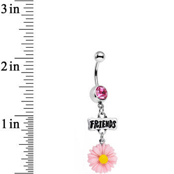 BodyCandy Pink Gem Best Friends Pink Flower Dangle Belly Ring Set — detail close-up