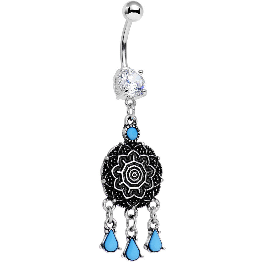 BodyCandy Clear Gem and Faux Turquoise Leafy Lotus Flower Disk Dangle Belly Ring — main product shot