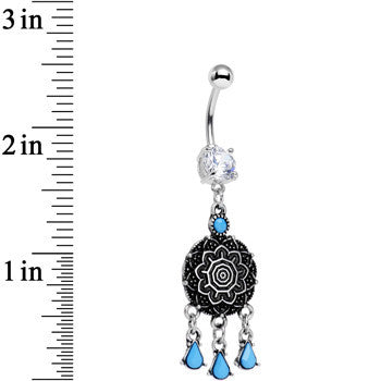BodyCandy Clear Gem and Faux Turquoise Leafy Lotus Flower Disk Dangle Belly Ring — detail close-up