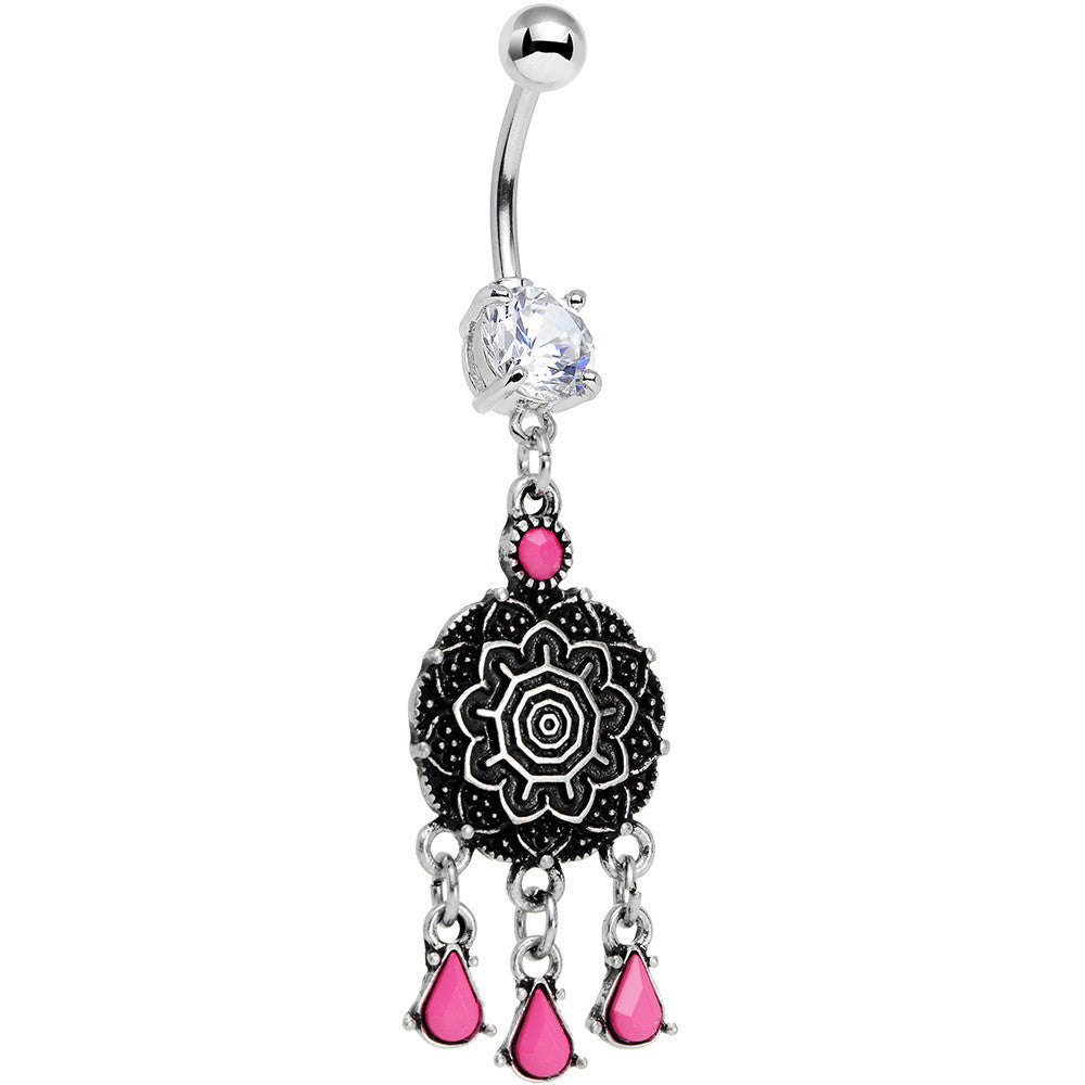 BodyCandy Clear Gem and Pink Faux Turquoise Leafy Lotus Flower Disk Dangle Belly Ring — main product shot
