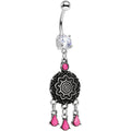 BodyCandy Clear Gem and Pink Faux Turquoise Leafy Lotus Flower Disk Dangle Belly Ring — main product shot