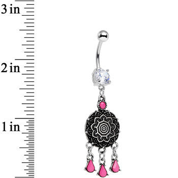 BodyCandy Clear Gem and Pink Faux Turquoise Leafy Lotus Flower Disk Dangle Belly Ring — detail close-up