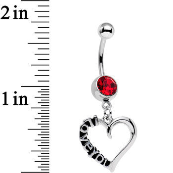 BodyCandy Red Gem Lovely Language I Love You Hollow Heart Dangle Belly Ring — detail close-up