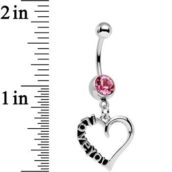 BodyCandy Pink Gem Lovely Language I Love You Hollow Heart Dangle Belly Ring — detail close-up