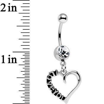 BodyCandy Clear Gem Lovely Language I Love You Hollow Heart Dangle Belly Ring — detail close-up
