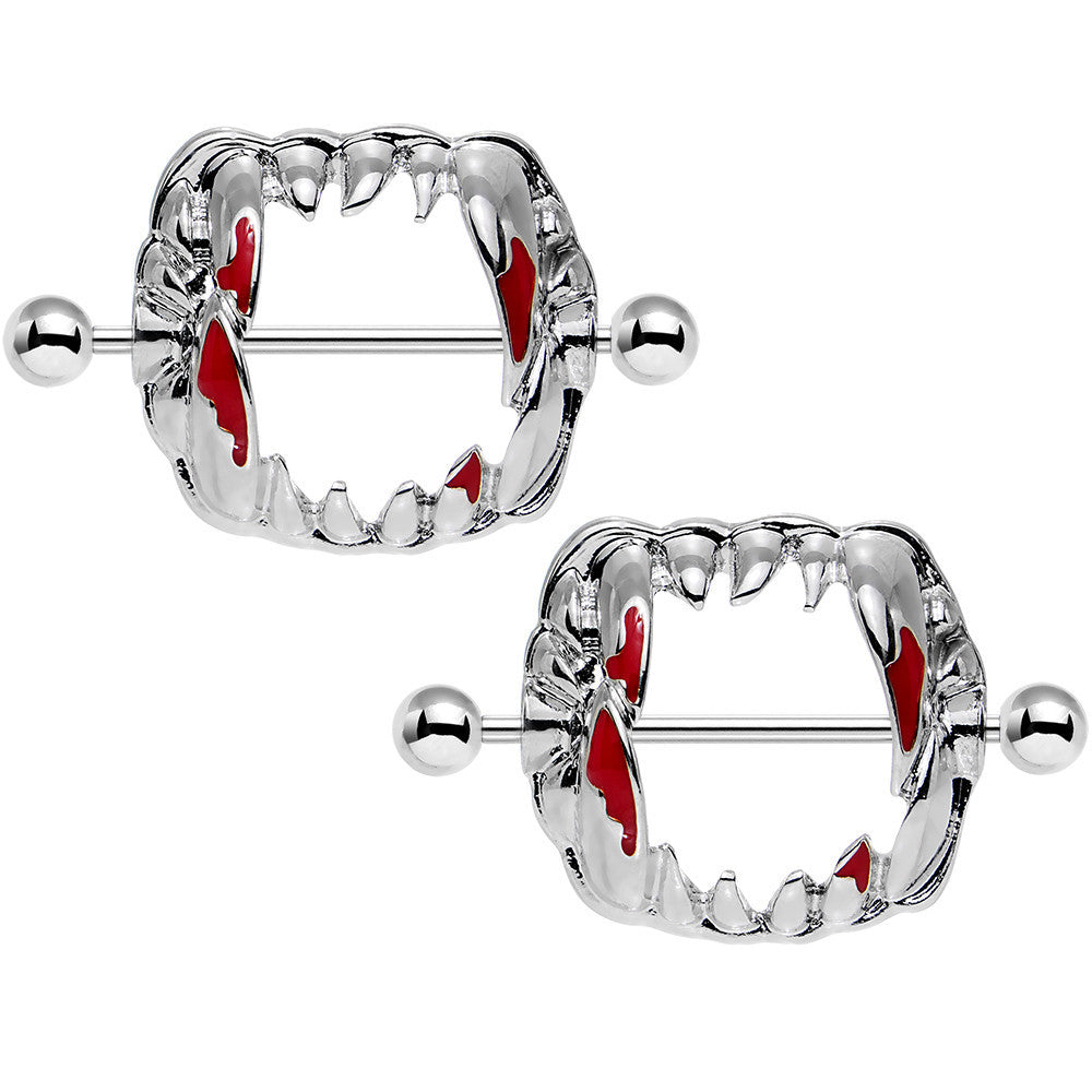 BodyCandy 14G 1 1/8 Steel Dripping Red Vampire Fangs Barbell Nipple Shield Set — main product shot
