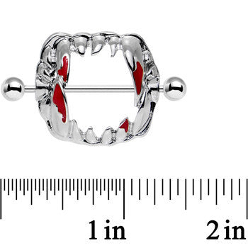 BodyCandy 14G 1 1/8 Steel Dripping Red Vampire Fangs Barbell Nipple Shield Set — detail close-up