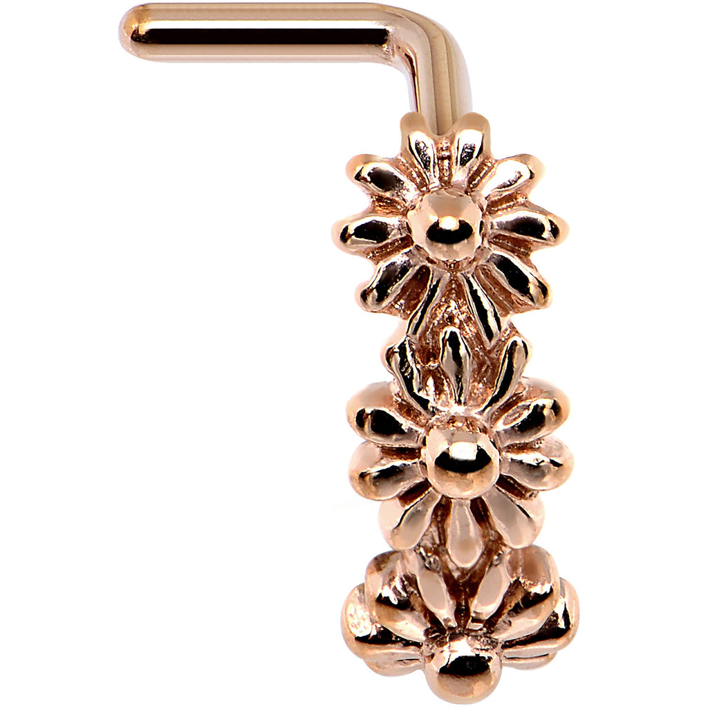 BodyCandy 18G Rose Gold PVD Daisy Flower Chain Faux Hoop L Shaped Nose Ring — detail close-up