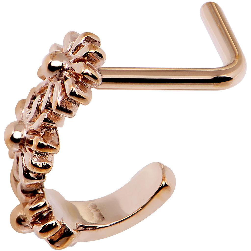 BodyCandy 18G Rose Gold PVD Daisy Flower Chain Faux Hoop L Shaped Nose Ring — side view