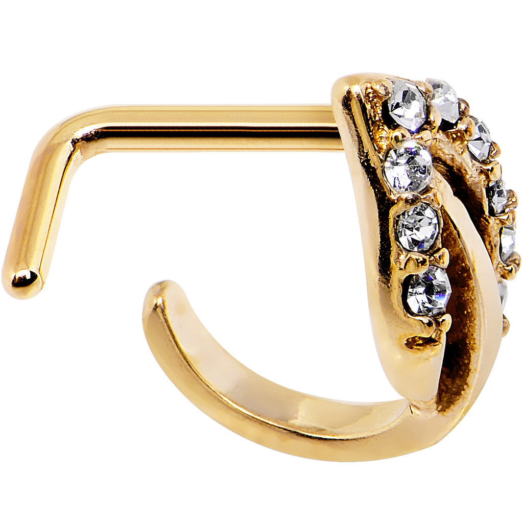 BodyCandy 18G Clear Gem Gold PVD Leaf Faux Hoop L Shaped Nose Ring — lifestyle context
