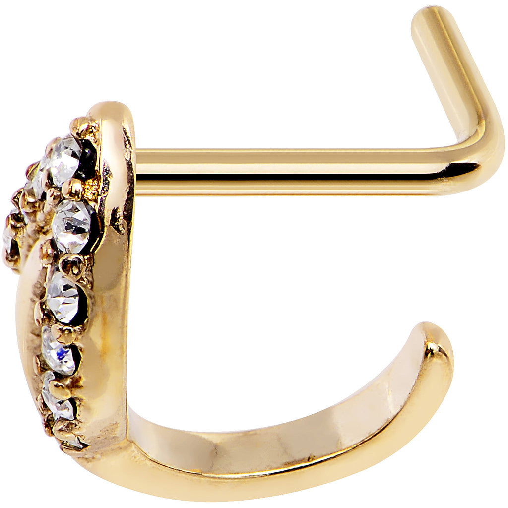 BodyCandy 18G Clear Gem Gold PVD Leaf Faux Hoop L Shaped Nose Ring — side view