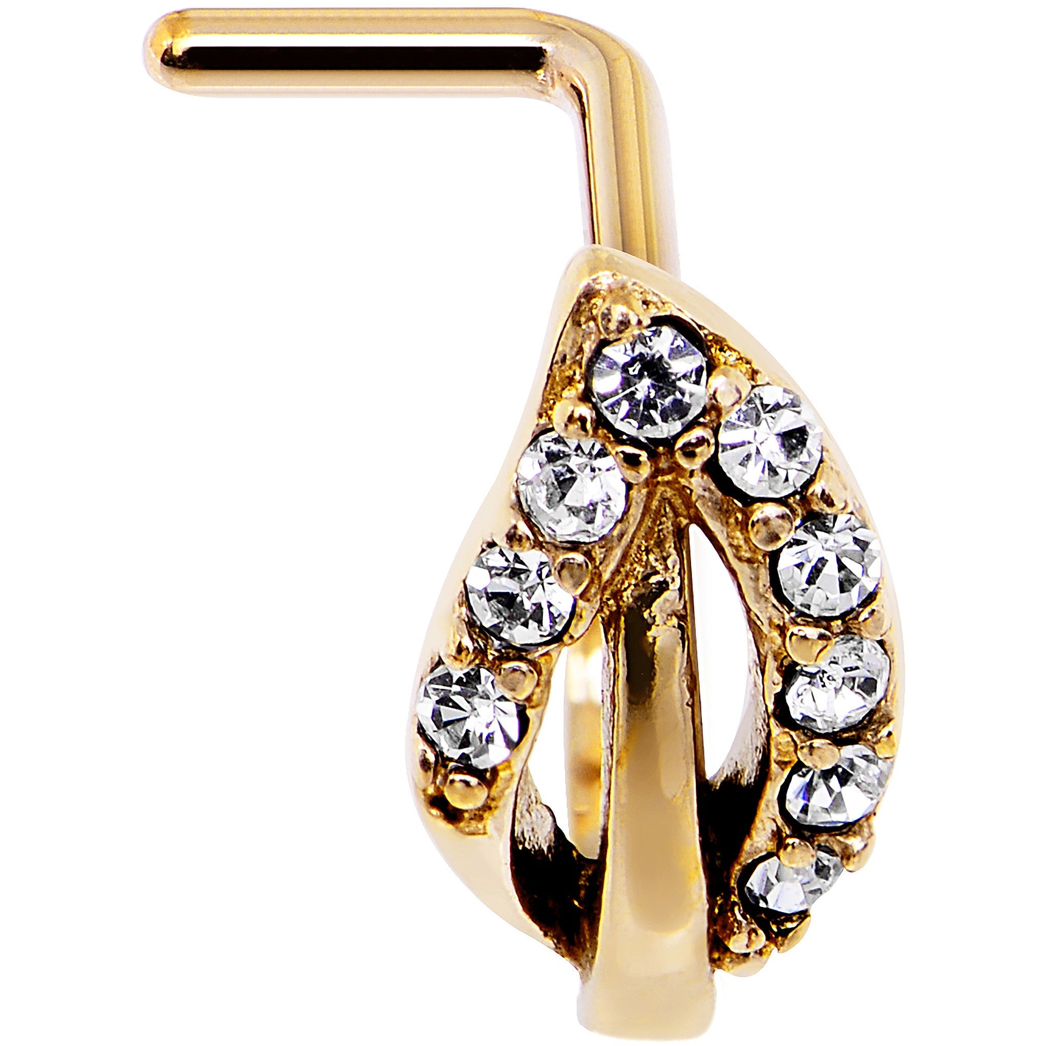 BodyCandy 18G Clear Gem Gold PVD Leaf Faux Hoop L Shaped Nose Ring — detail close-up