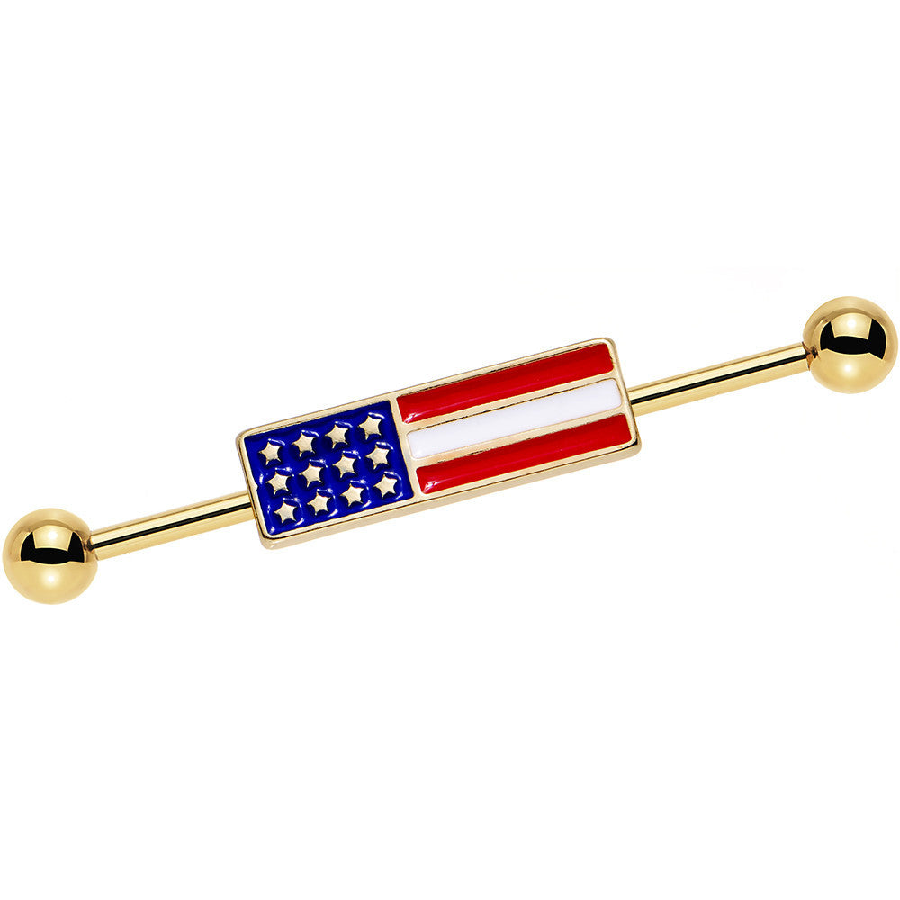 BodyCandy Clear Gem Gold PVD USA All Day American Flag Industrial Barbell 38mm — main product shot
