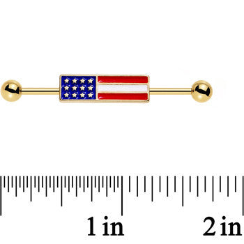 BodyCandy Clear Gem Gold PVD USA All Day American Flag Industrial Barbell 38mm — detail close-up