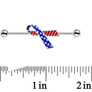 BodyCandy USA American Flag Red White Blue Cause Ribbon Industrial Barbell 38mm — detail close-up