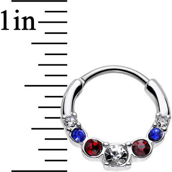 BodyCandy 16G 9mm Red Clear Blue Gem All American Simple Septum Clicker — detail close-up