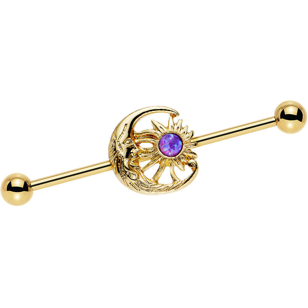 BodyCandy Purple Faux Opal Gold Anodized Moon and Sun Industrial Barbell 38mm — main product shot